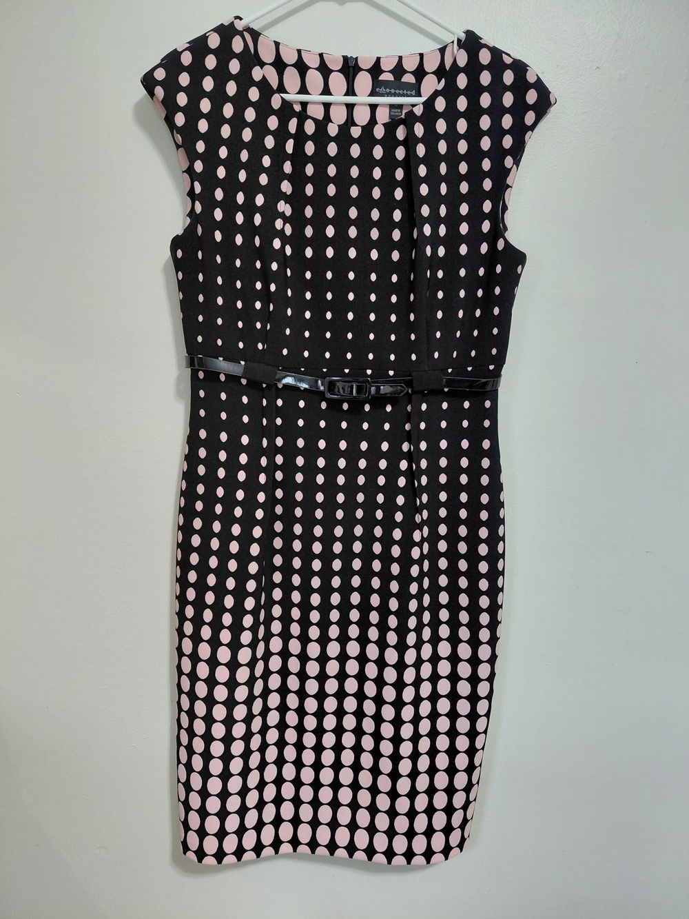 Connected Apparel Black and Light Pink Polka Dot Midi Sheath Dress with Belt